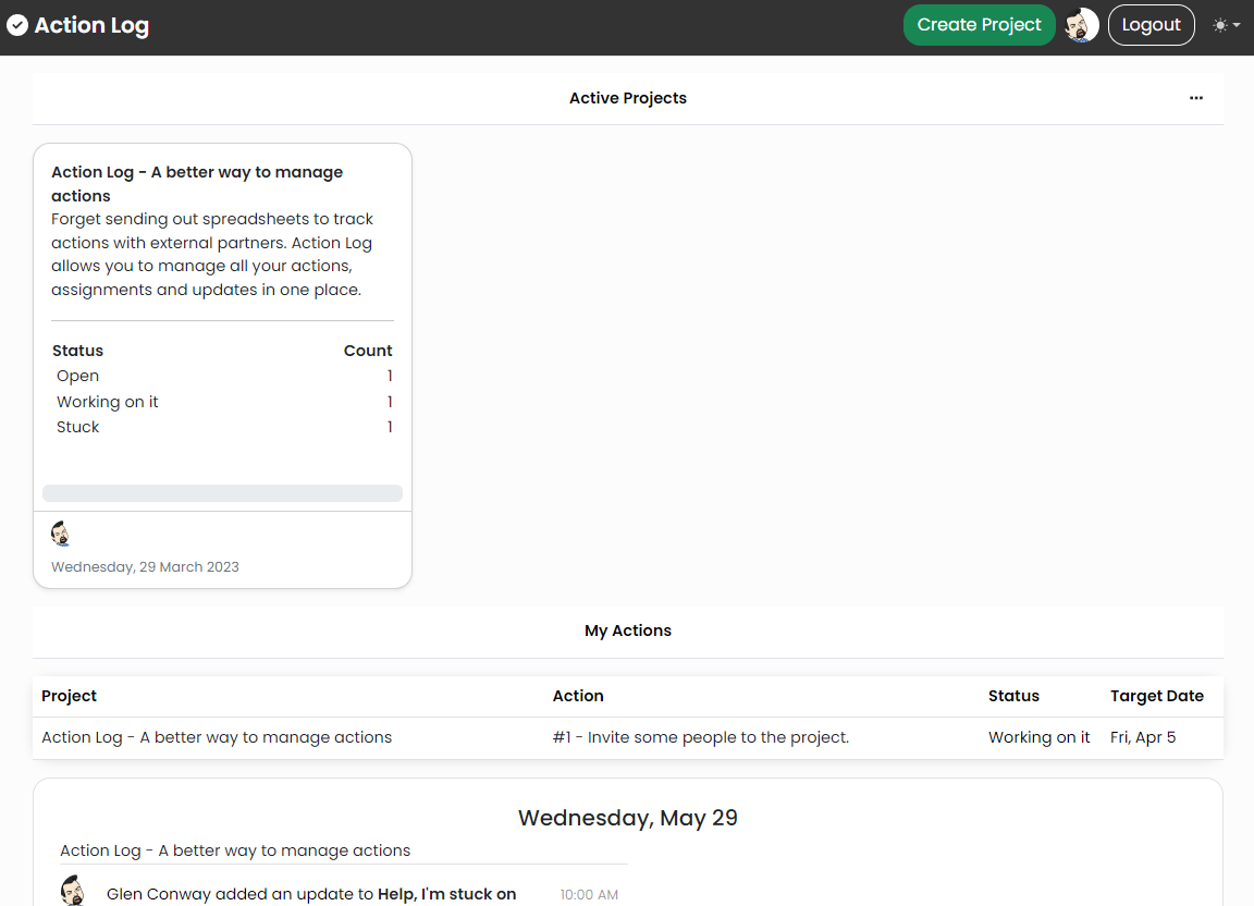 Action Log main page